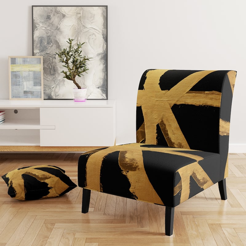 Designart "Black & White Crossing Paths I" Upholstered Abstract Accent Chair - Modern Arm Chair For Bedroom - Slipper Chair - Gold & Black