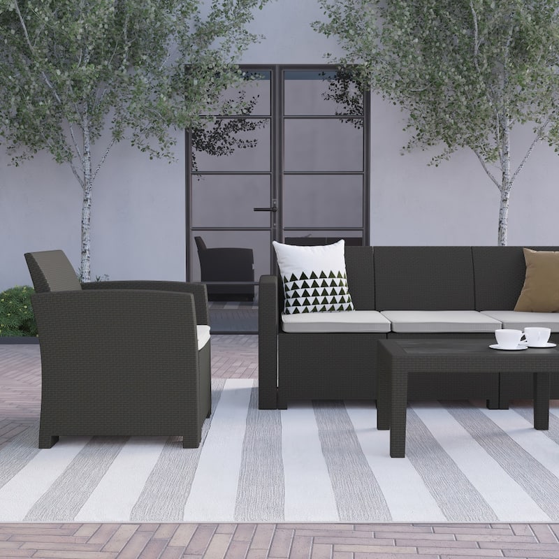 4 Piece Outdoor Faux Rattan Chair, Sofa and Table Set