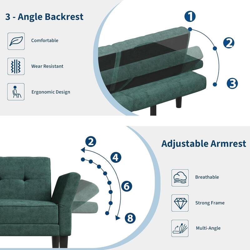 89" Futon Sofa Bed, with Adjustable Backrest & Armrest