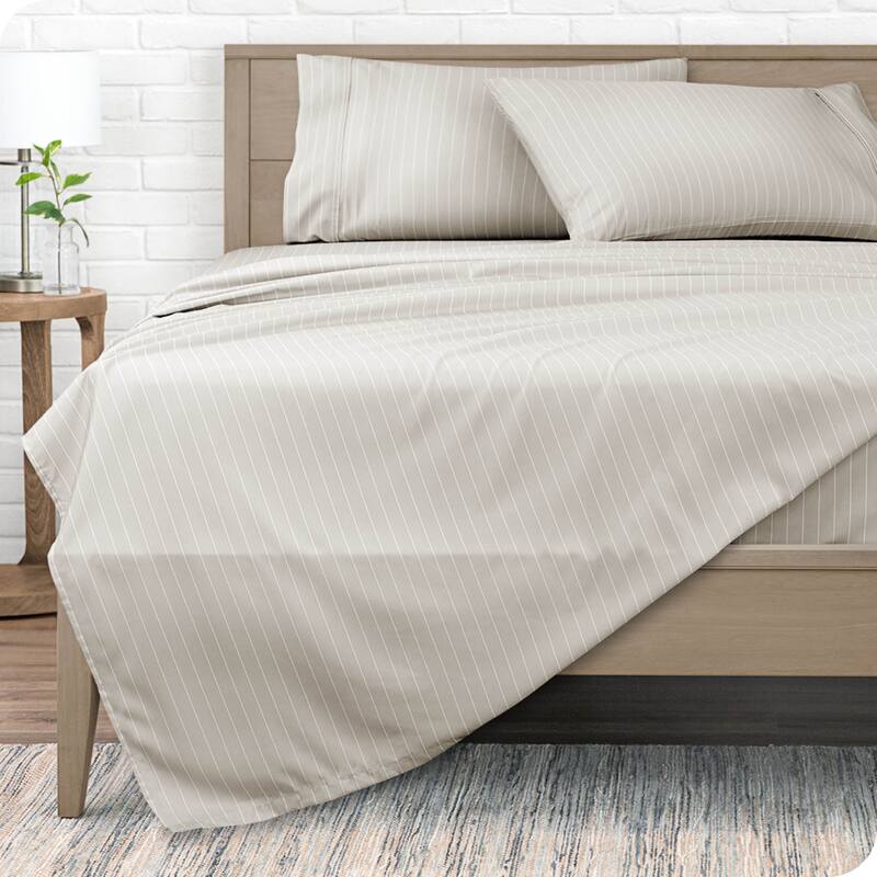 Bare Home Double Brushed Deep Pocket Printed Sheet Set - Twin XL - Pinstripe - Stone/White