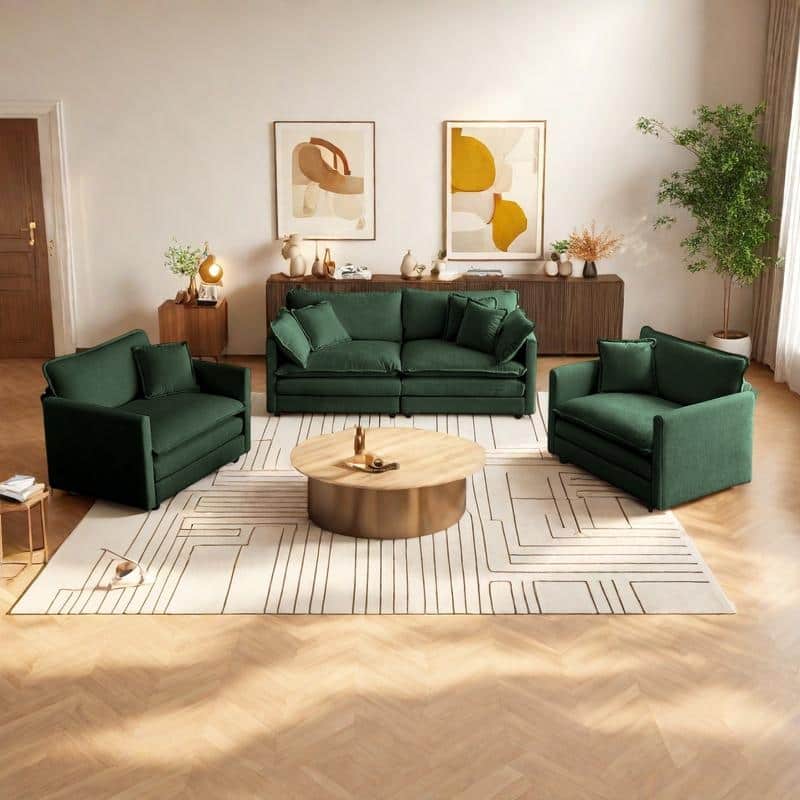 4-Seat Chenille Sofa Set with 2 Arm Chairs + 2-Seater Sofa and Pillows