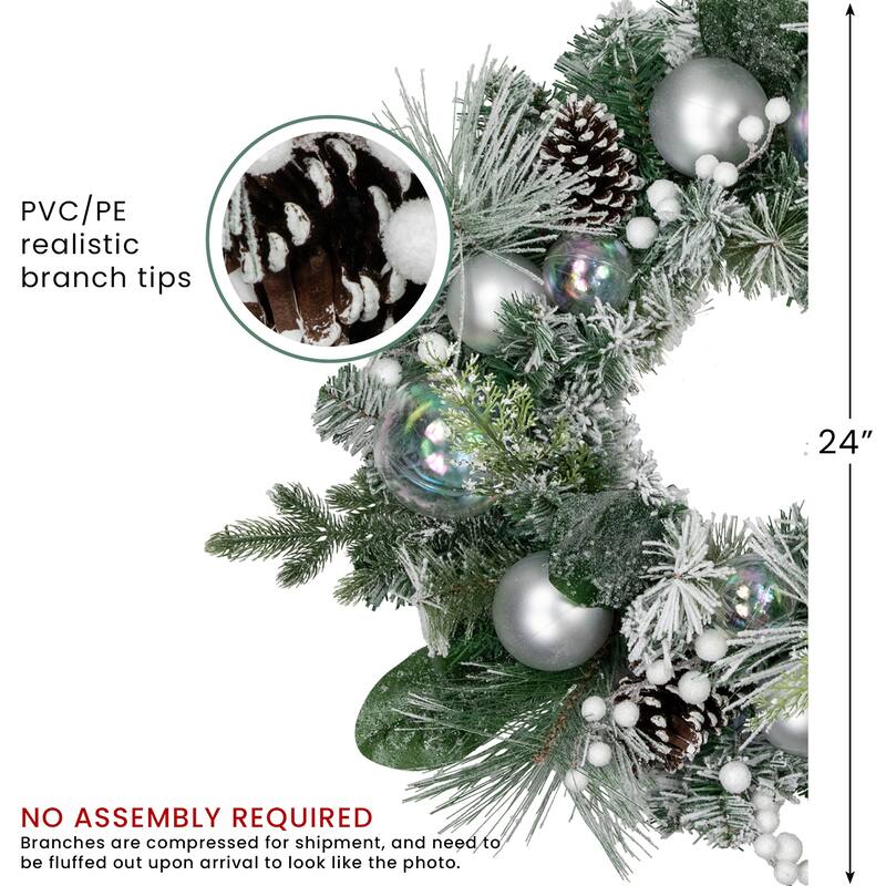 Flocked Pine Artificial Christmas Wreath Iridescent Ornaments 24"