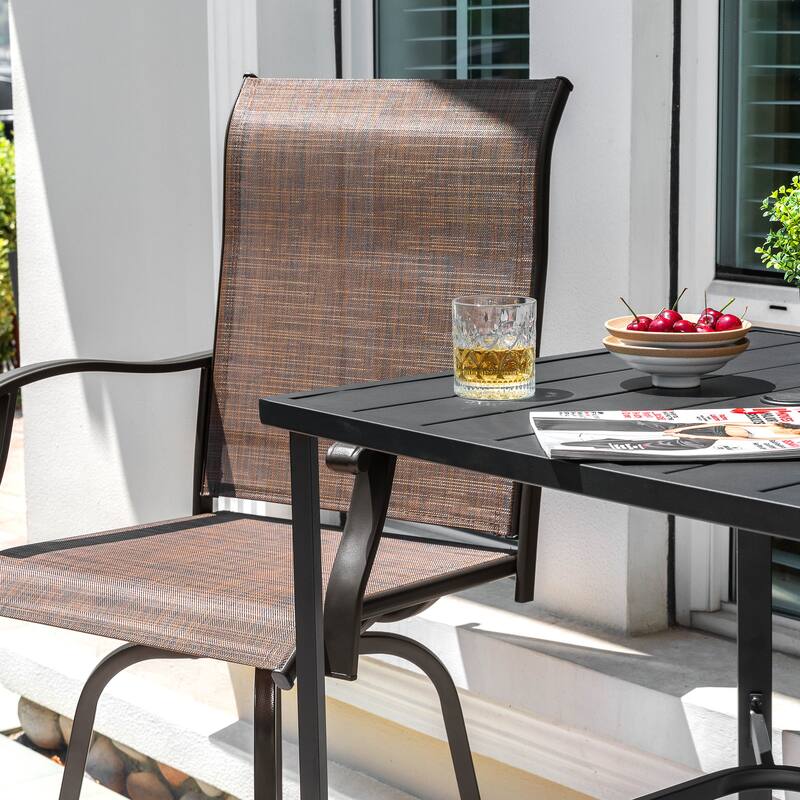 Outdoor 3-Piece Textilene Bar Set, Swivel Bar Stools and Umbrella Hole, Black and Brown with Gold Speckles