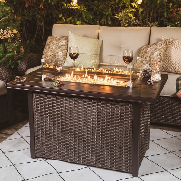 Nuu Garden Outdoor 43-inch 50,000 BTU Propane Gas Fire Pit Table, Aluminum Tabletop and PE Rattan Weaved Iron Frame - With Glass Wind Guard
