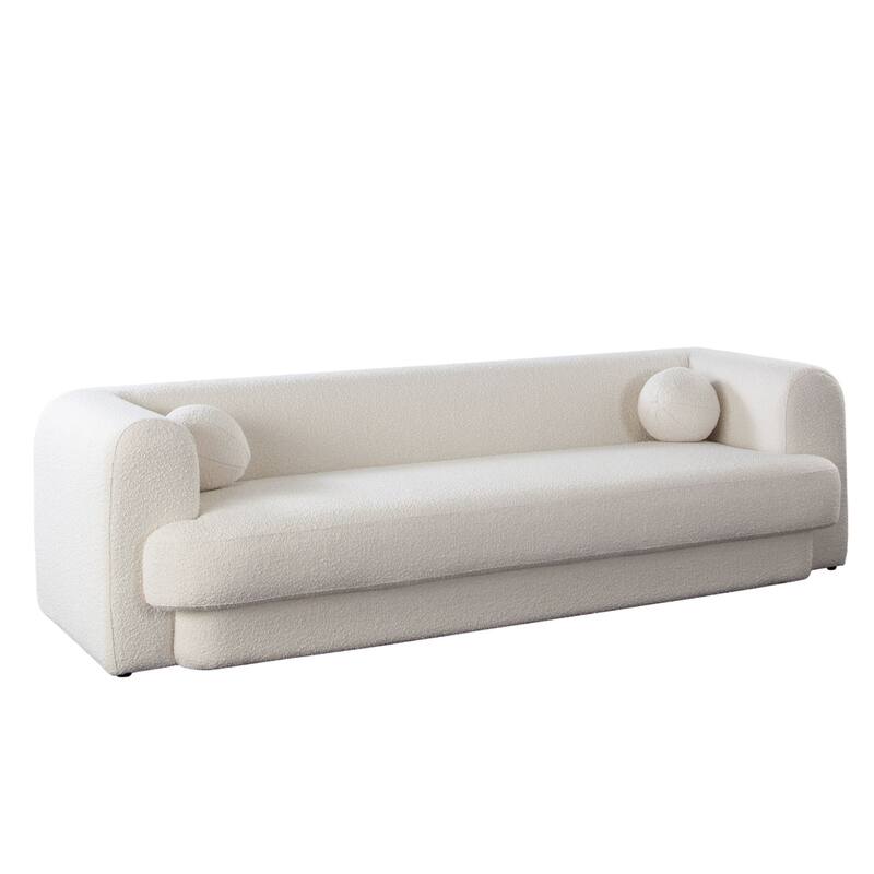 Foxo Retro Sofa, 2 Accent Pillows, Padded Ivory Velvet, 99 Inch