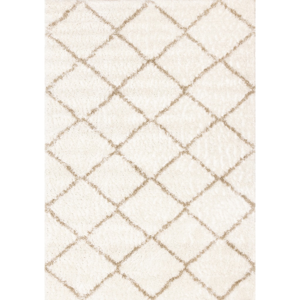 Soft Neutral Trellis Shag Area Rug in Cream Beige