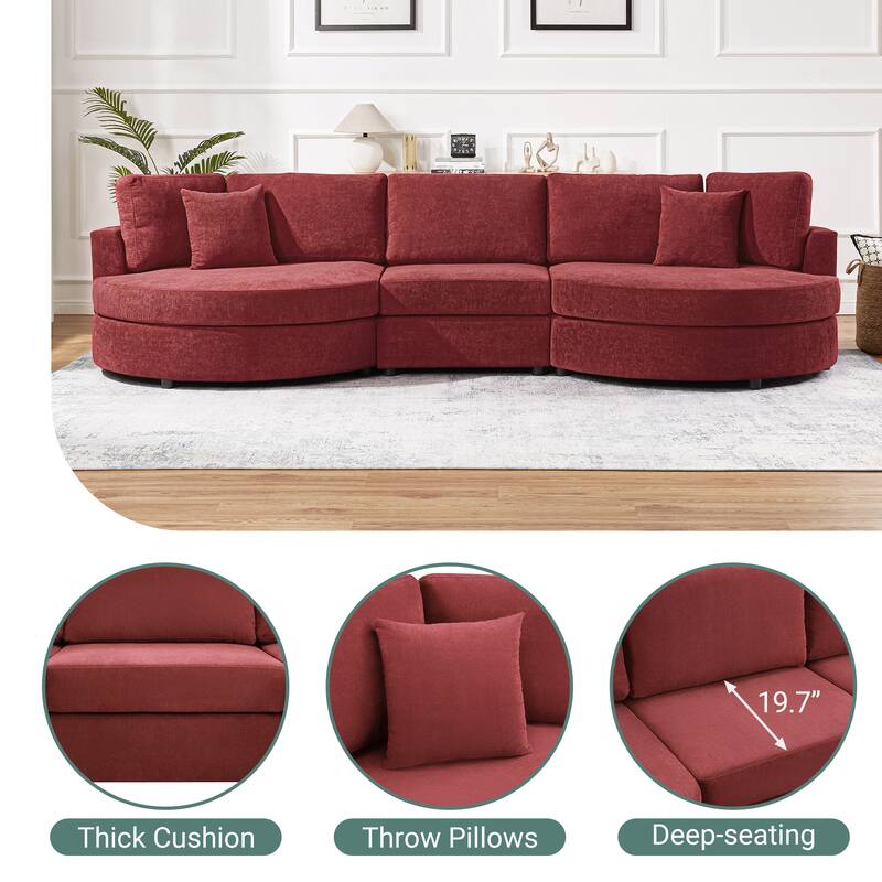 Roomfitters Modern Curved 3-Seater Sofa Couch with Throw Pillows, 129 Inch Wide