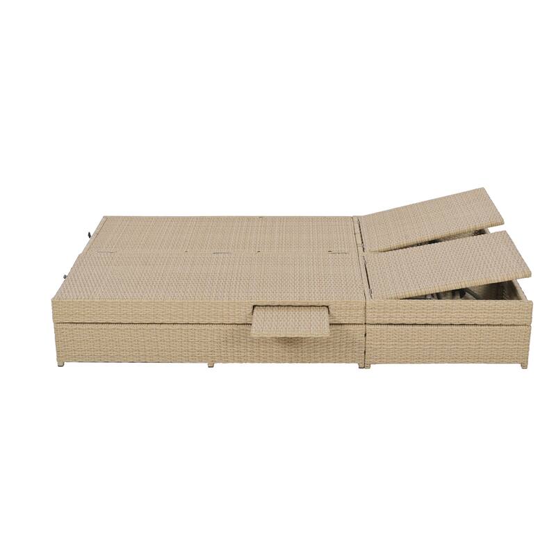 Brown PE Rattan Outdoor Double Sunbed with Adjustable Backrest and Seat
