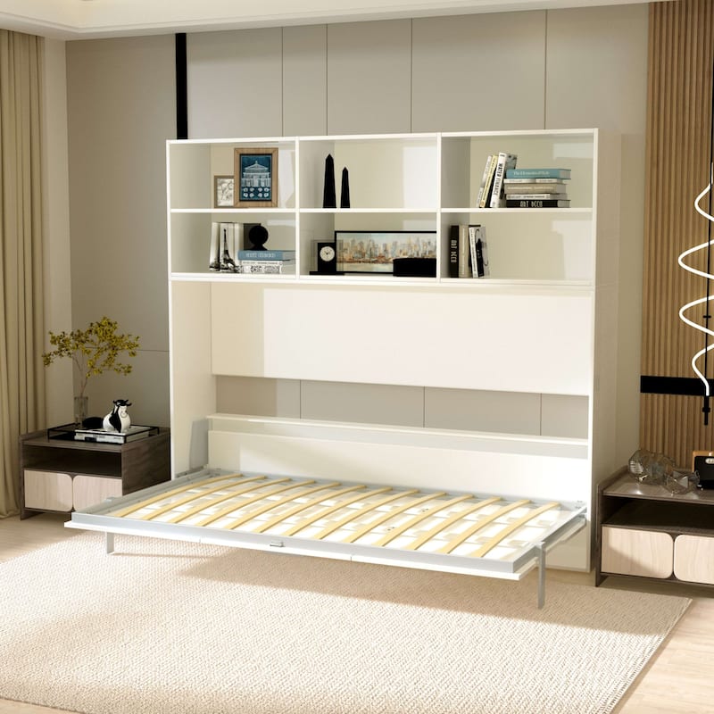 Modern Horizontal Twin Murphy Bed with Shelf Storage