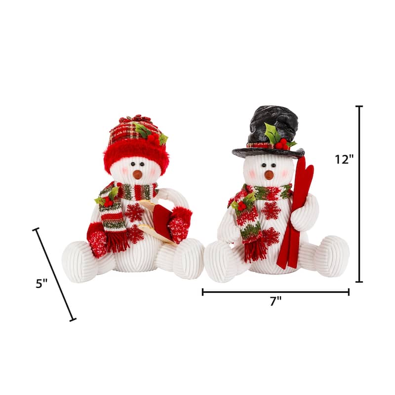 Set of 2 Holiday Red and Green Snowman Figurines - N/A
