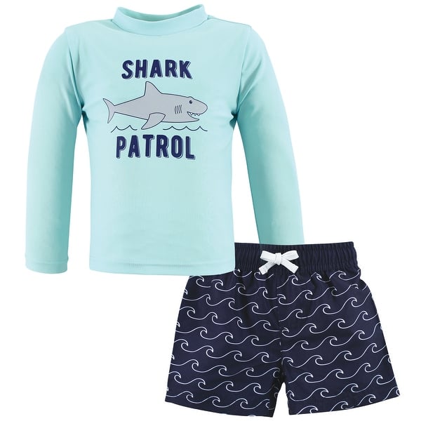 slide 1 of 1, Hudson Baby Boys Swim Rashguard Set, Shark Patrol Shark Patrol - 2T