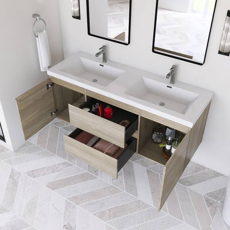 Modern Wall-Mounted Bathroom Vanity with White Solid Surface Top