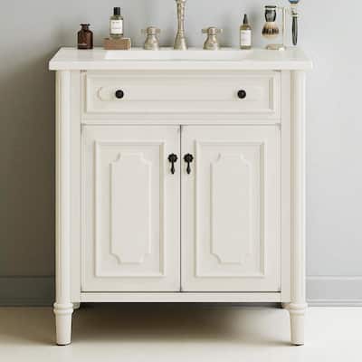 31" Vintage Bathroom Vanity with Ceramic Sink, Soft-Close Doors & Adjustable Shelf, Rubber Wood Legs