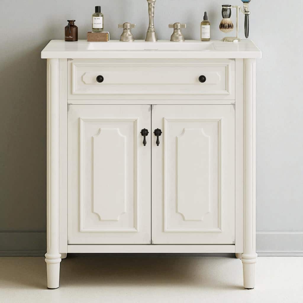 31" Vintage Bathroom Vanity with Ceramic Sink, Soft-Close Doors & Adjustable Shelf, Rubber Wood Legs