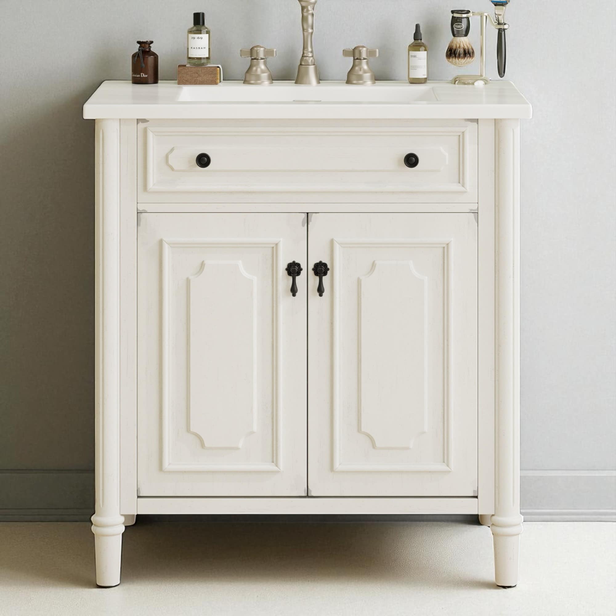 31" Vintage Bathroom Vanity with Ceramic Sink, Soft-Close Doors & Adjustable Shelf, Rubber Wood Legs