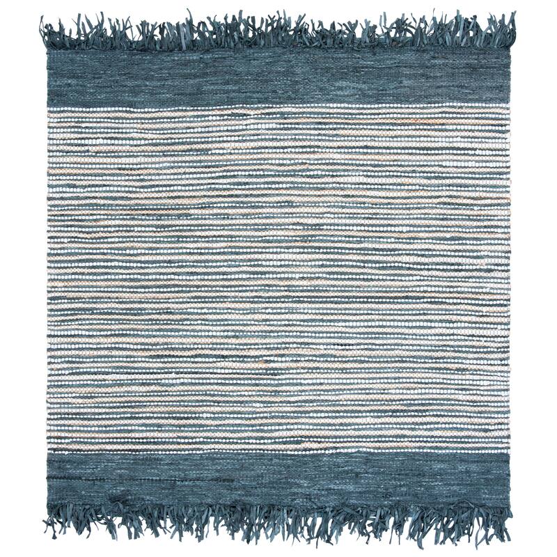 SAFAVIEH Handmade Vintage Boho Leather Zhanna Modern Stripe Leather Rug with Fringe - 6' Square - Dark Grey/Multi