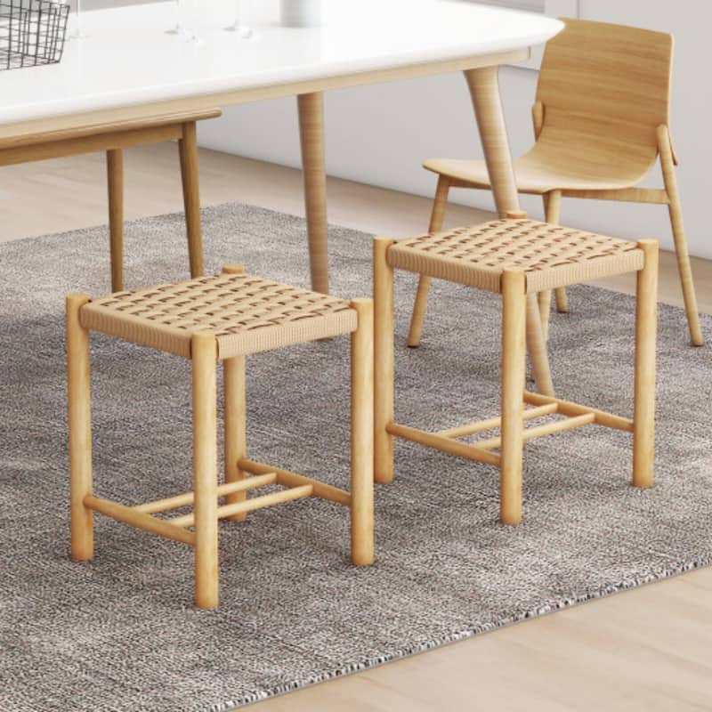 Dining Stool Set of 2 with Rubber Wood Frame - 14" x 14" x 18" (L x W x H)