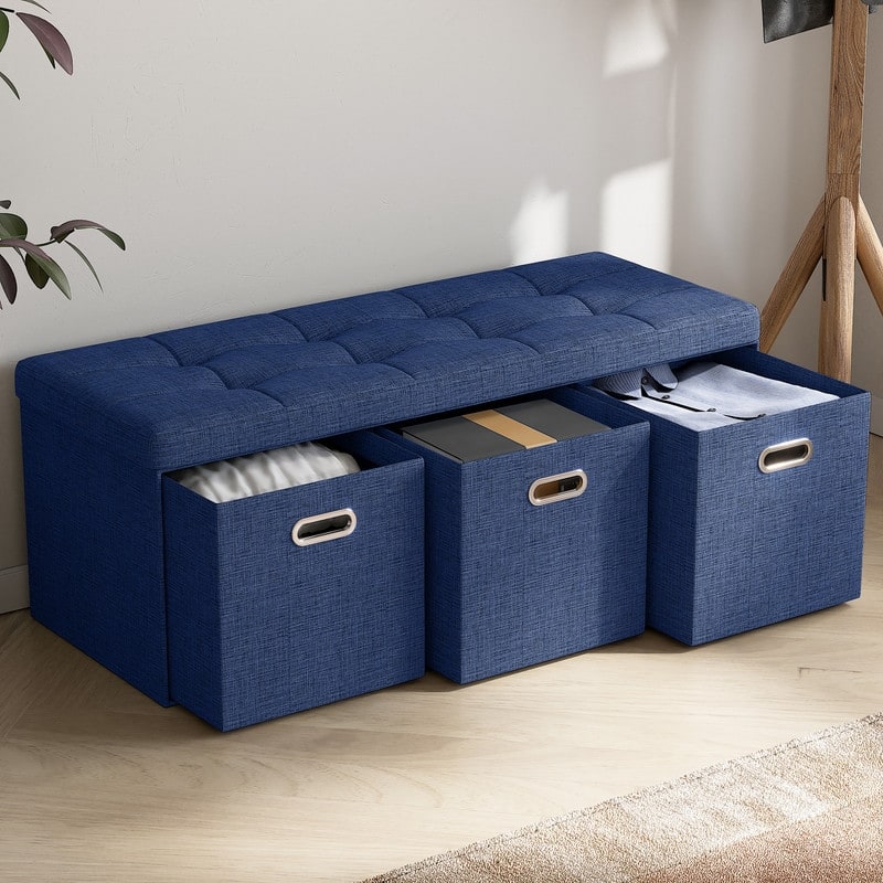 Foldable Linen Large Bench Storage Ottoman with 3 Drawer Cubes - 40"L
