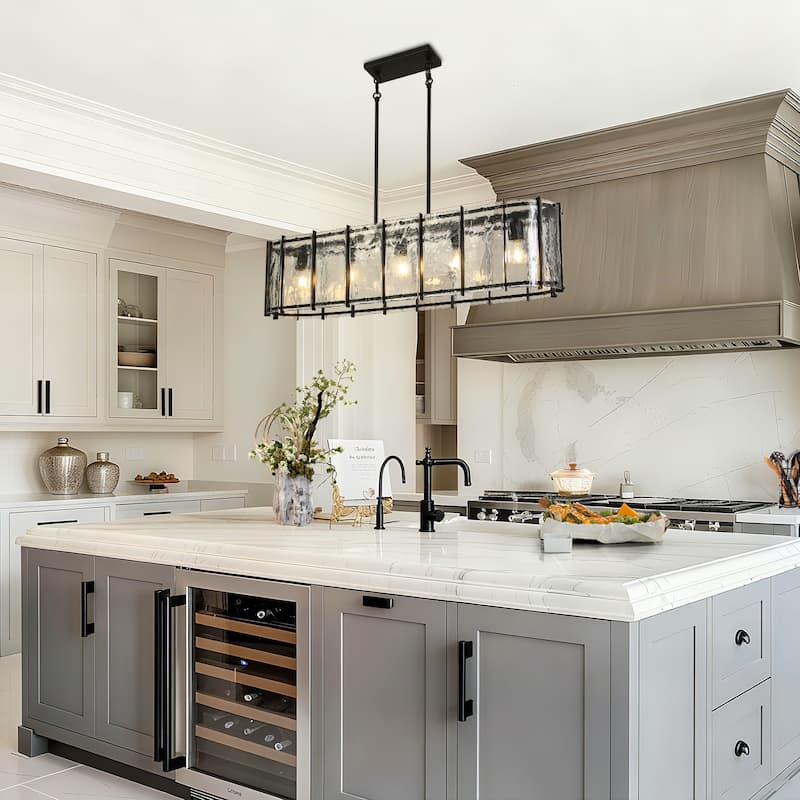 Modern Black 5-Light Rectangle Chandelier with Textured Glass For Kitchen Island Dining Room - W42.1"xD10.6"xH11"