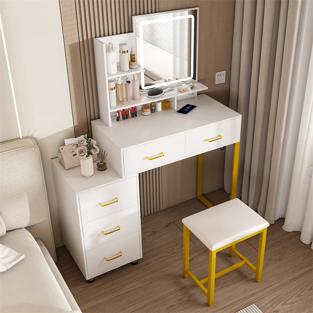 Makeup Vanity with Chair,LED Lights,Power Outlet and 5 Drawers