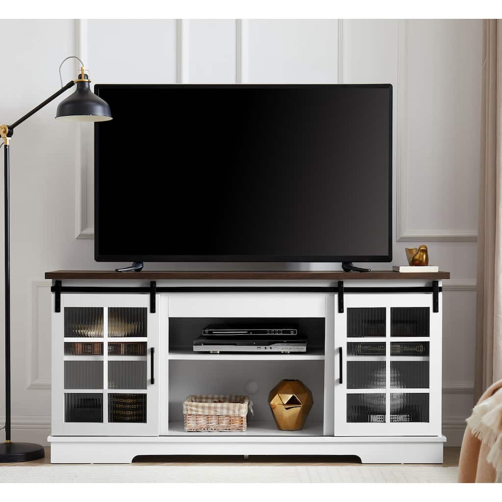 White 59" TV Stand with Sliding Glass Doors & Adjustable Shelves for TVs Up to 65"