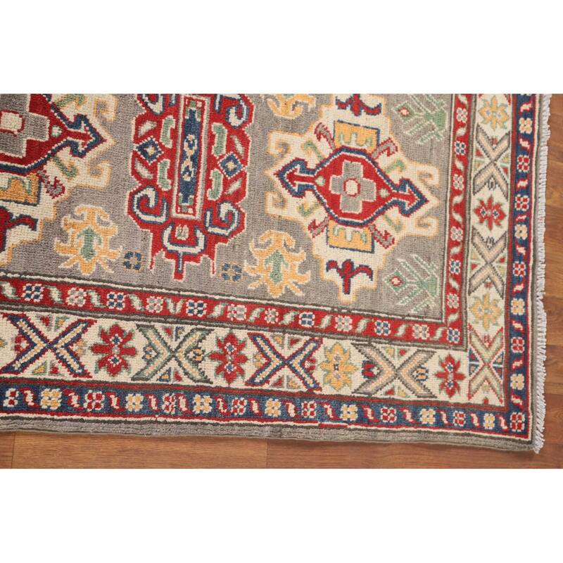 Geometric Kazak Accent Rug Hand-Knotted Grey Wool Carpet - 2'6" x 4'3"