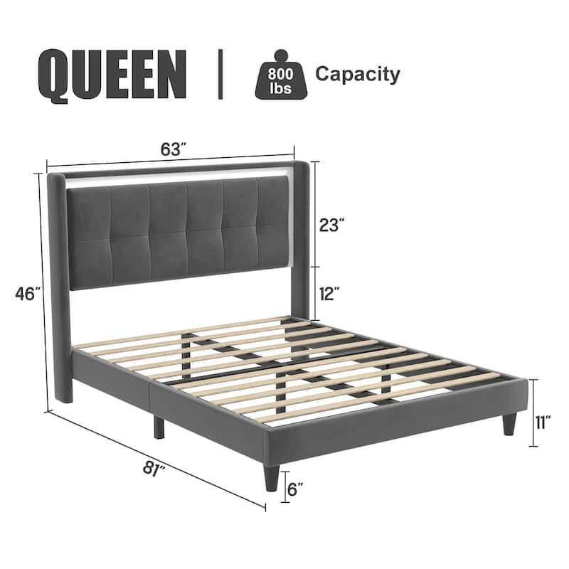 Upholstered platform bed frame with headboard and sturdy wooden slats