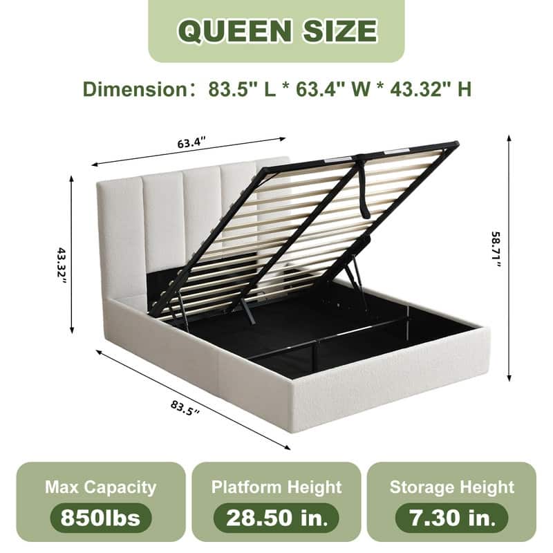 Modern Upholstered Lift-Up Storage Platform Bed with Headboard