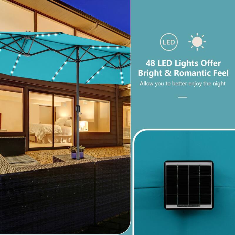 15ft Twin Outdoor Patio Umbrella with 48 Solar LED Lights and Crank