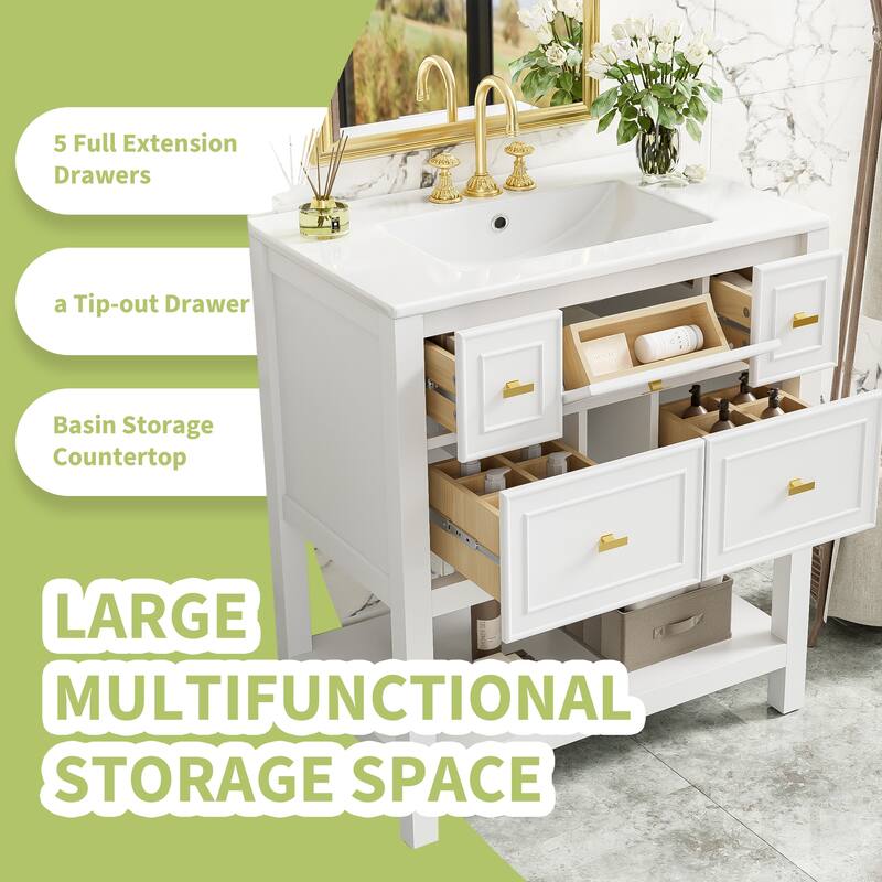 Bathroom Vanity with Ceramic Sink, Bathroom Storage Cabinet with 5 Drawers, Bathroom Vanity Set with Open Shelf