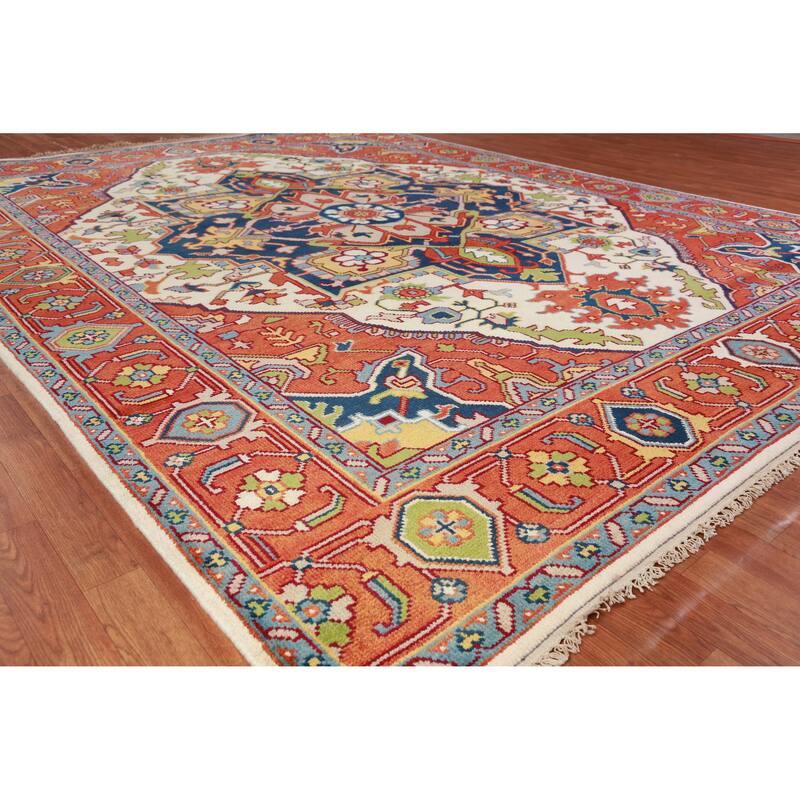 Ivory & Orange Medallion Heriz Serapi Indian Area Rug 9x12 - 9' x 12'