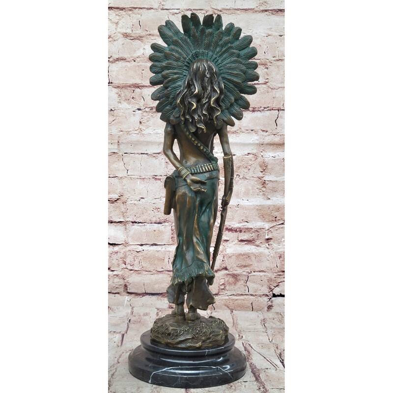 Native American Indian Female Warrior W/ Feathered War Bonnet Bronze Figure Sculpture Statue