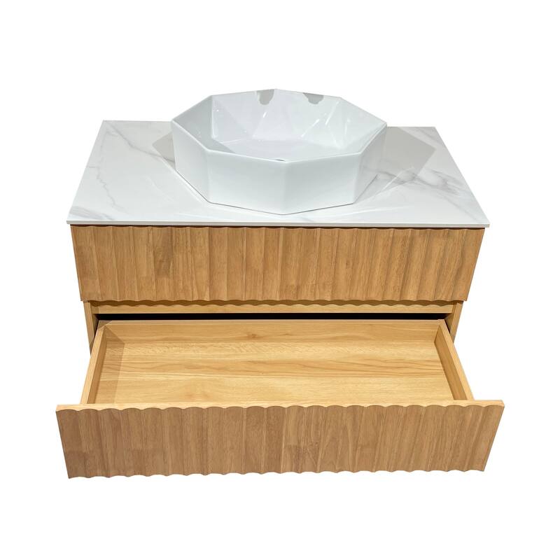 35.43" Floading Single Bathroom Vanities, With 2 Drawers, Glossy Sintered Stone Top, Light Wood