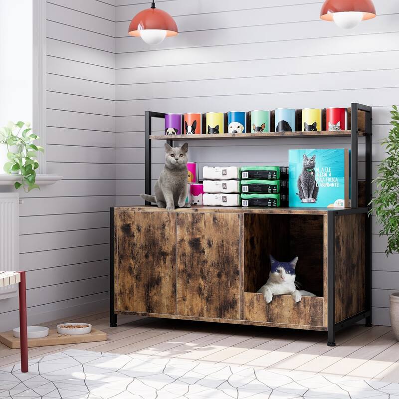 Litter Box Enclosure, Cat Litter Box Furniture with Removable Divider - Brown