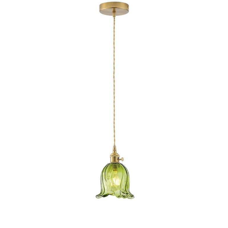 Modern 1 Light Green Stamen Shaped Glass Pendant Light Electroplated Brass Ceiling Fixture