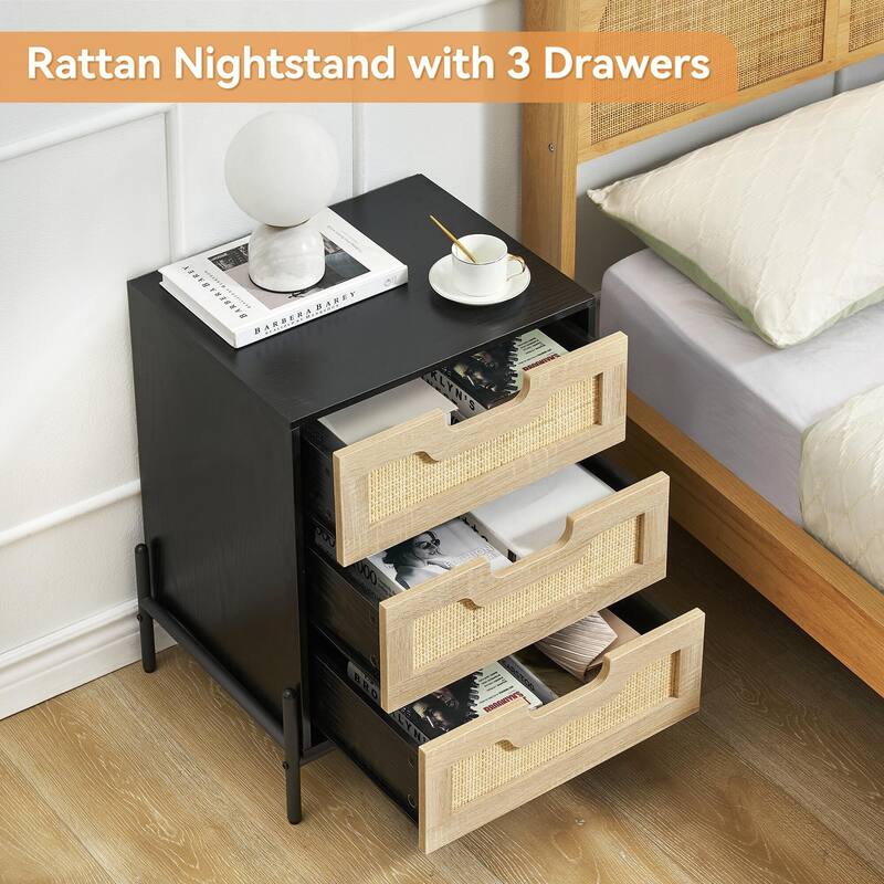 Rattan End Table, Nightstands with 3 Natural Rattan Drawers 1 or 2 Pack