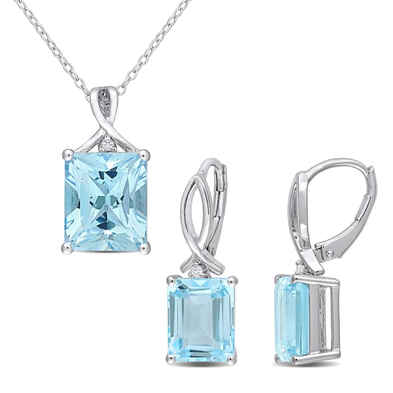 Miadora Sky Blue Topaz and White Topaz Drop Necklace and Earrings Set in Sterling Silver