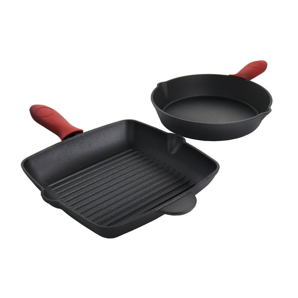 slide 1 of 1, MegaChef Pre-Seasoned 4 Piece Cast Iron Set with Silicone Handles