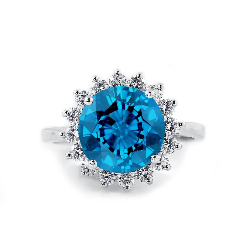 Auriya 4 5/8ct Round Blue Topaz Sunburst Halo Diamond Ring 5/8ctw 18K Gold