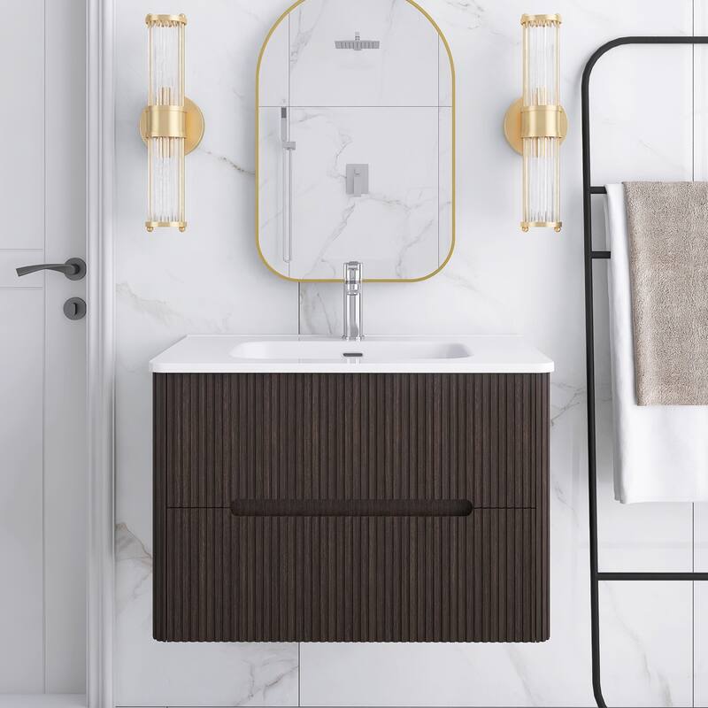Floating Bathroom Vanity Integrated White Ceramic Sink - Dark Brown - 29.92'' x 18.3'' x 20.35''