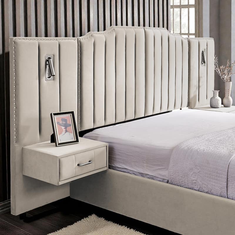 Modern Upholstered Bed Frame with Velvet Headboard, Vertical Channel Button Design, Integrated Nightstand, Platform Support