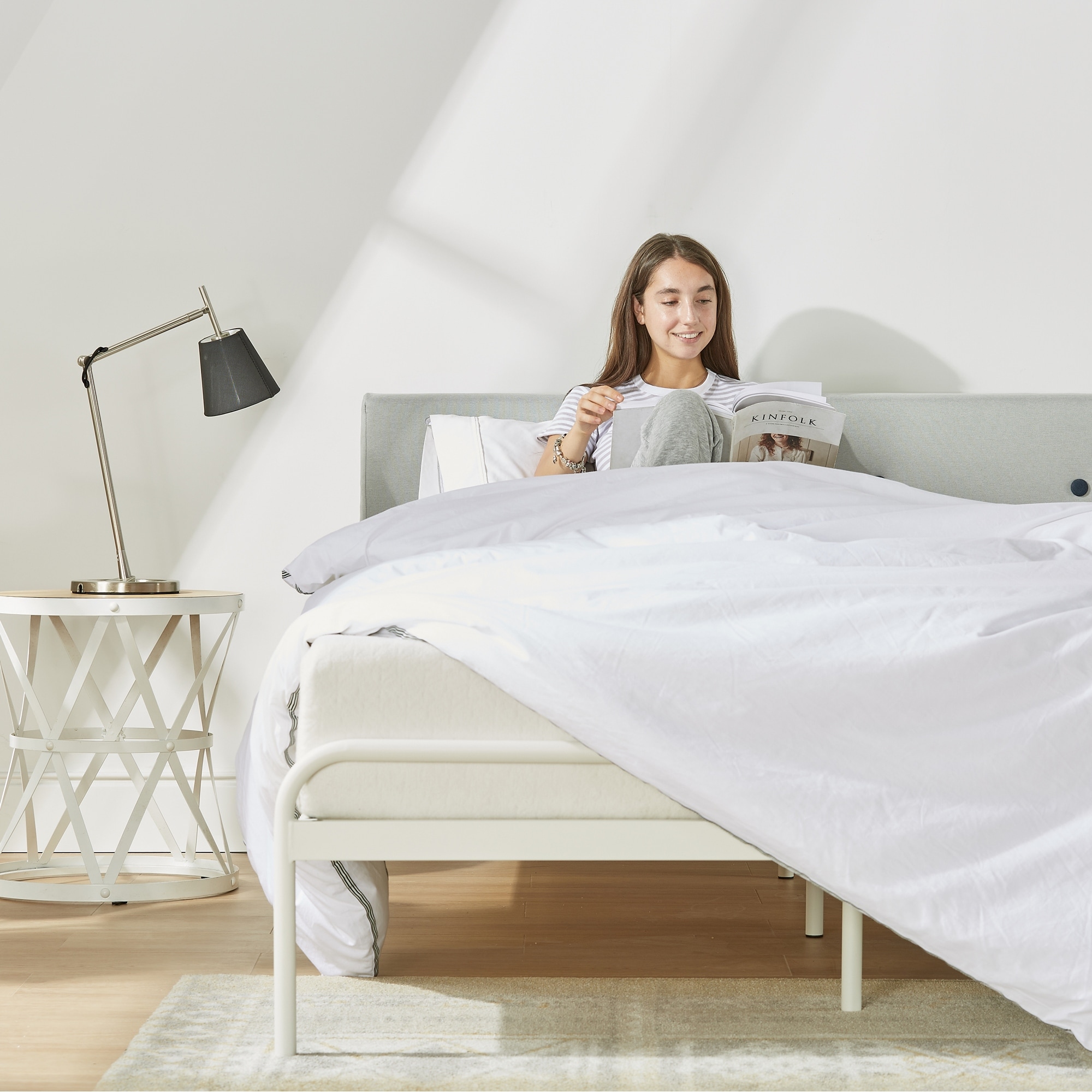 Maggie Metal Platform Bed With Upholstered Cushion Headboard Steel Slats Easy Assembly In Sky Grey On Sale Overstock 31950382
