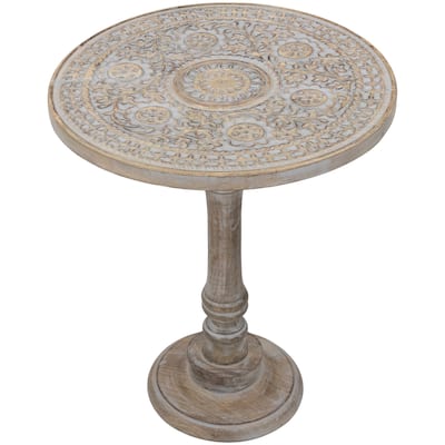 21" Antique Gray Carved Floral Round Pedestal Side Table