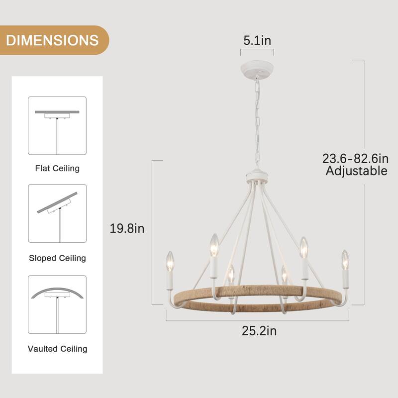 6-Light Candlestick Wagon Wheel Chandelier Hemp Rope Linear Chandelier Lighting Fixture for Kitchen Island