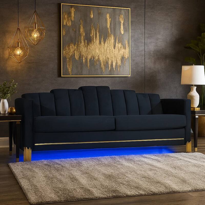 Theo Sofa, Black Velvet, Blue LED Lights, Gold Metal Legs, 83 Inch