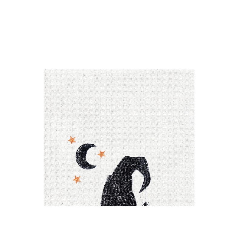 Witchy Hat with Waning Crescent Moon Halloween Embroidered Cotton Waffle Weave Dishtowel