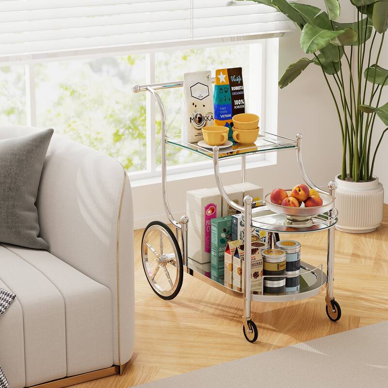 Gymax Bar Cart 3-Tier Home Bar Serving Cart on Wheels w/ Mirrored