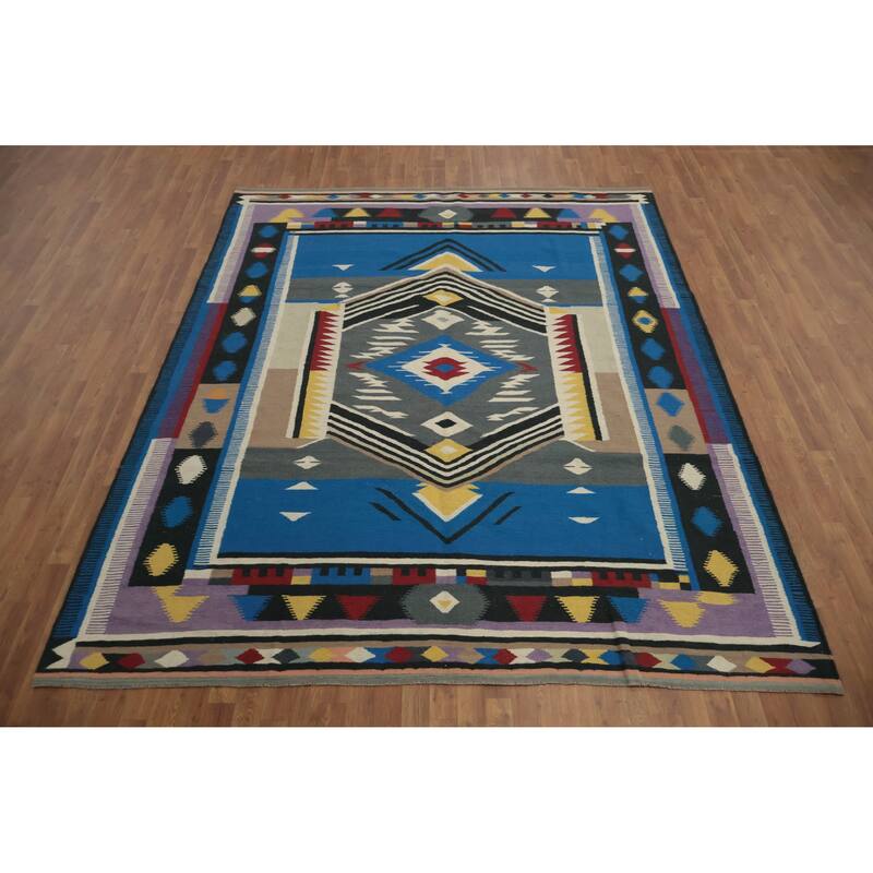 Hand Woven Oriental 100% Wool Carpet Southwestern Tribal Navy Blue & Blues Kilim Area Rug - 10' 1'' X 8' 1''