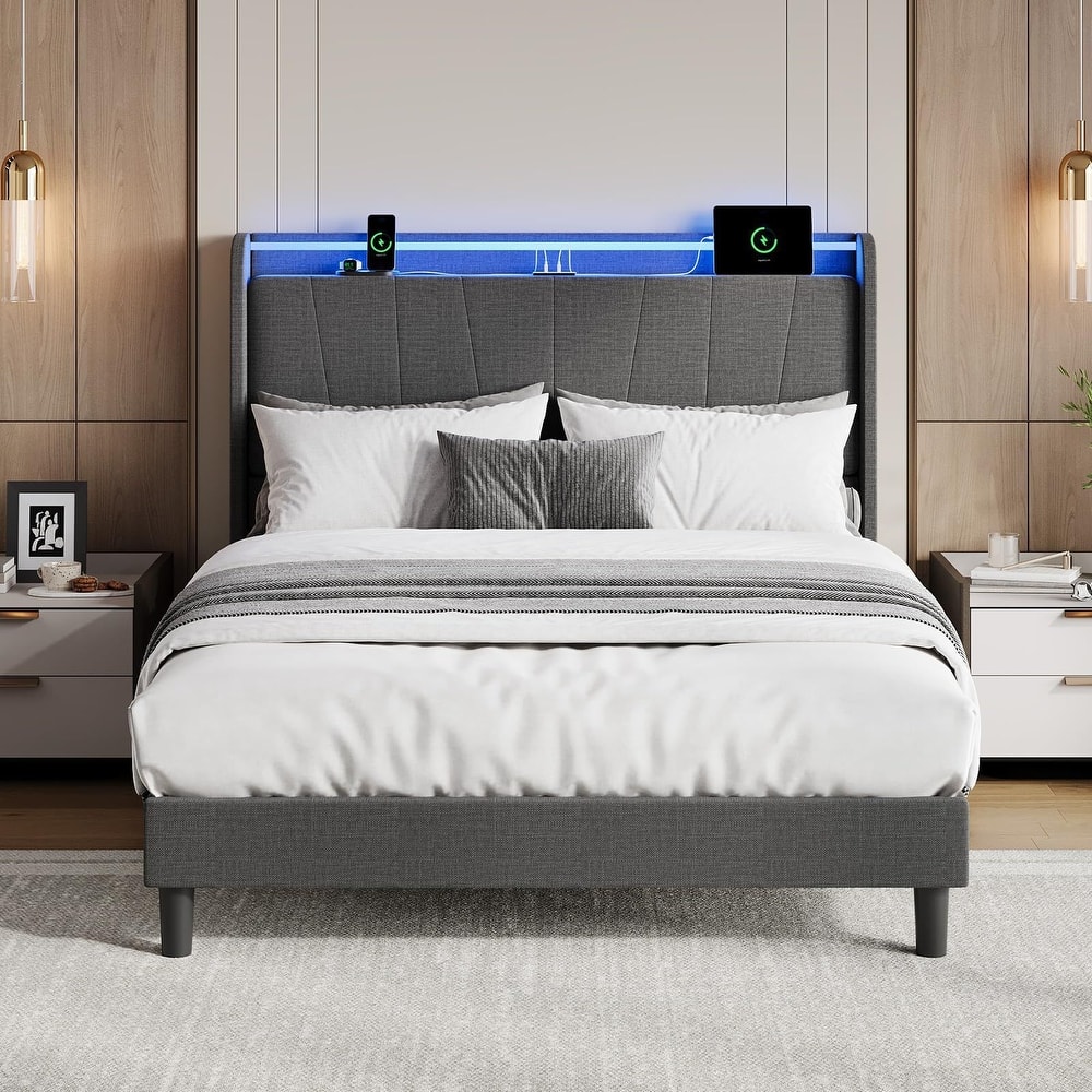 Fabric Upholstered Platform Bed Frame, with Under Storage, Steel Slats