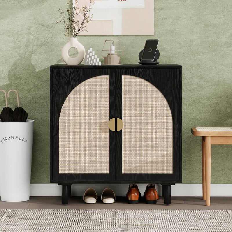 Rattan Decorative Cabinet Dining Cabinet with Semicircular Metal Handles, Rustic Credenza Console Cabinet